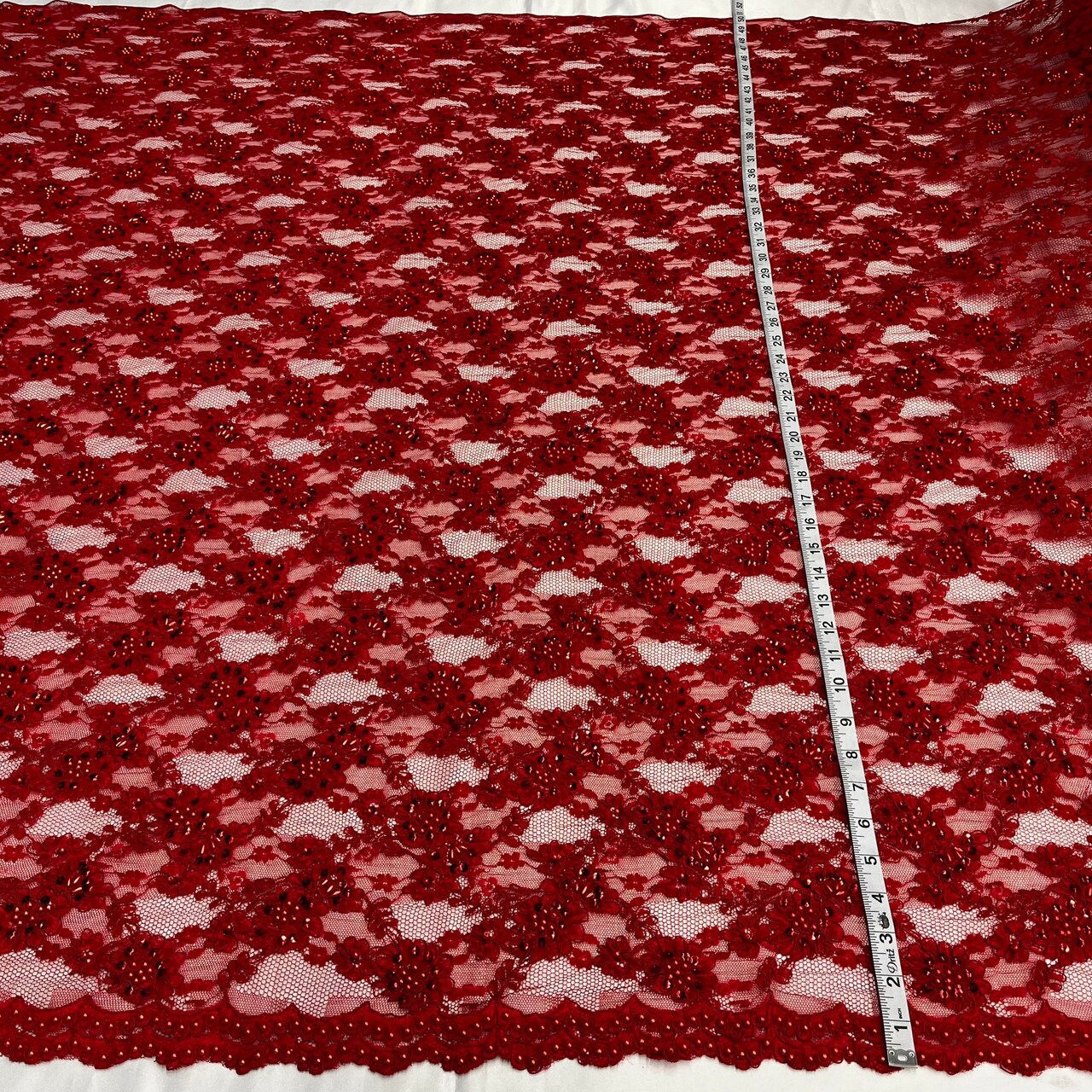 1 Yard Dramatic Red Beaded Corded Lace Fabric Embroidered on Net Mesh 56 inch Width